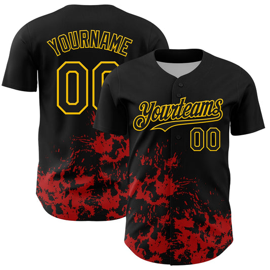 Custom Black Yellow-Red Splatter Authentic Baseball Jersey - Main View