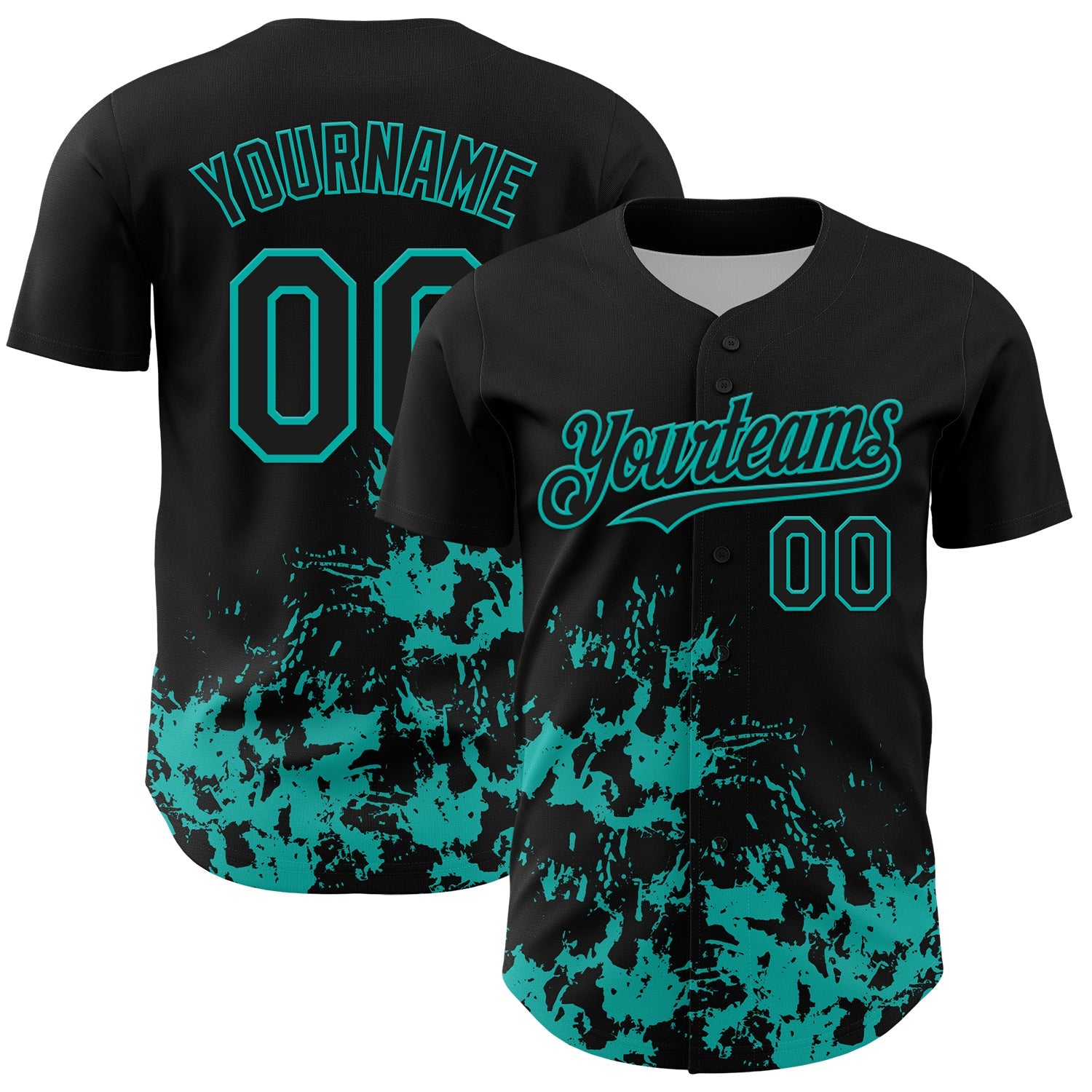 Custom Black Aqua Splatter Authentic Baseball Jersey - Main View