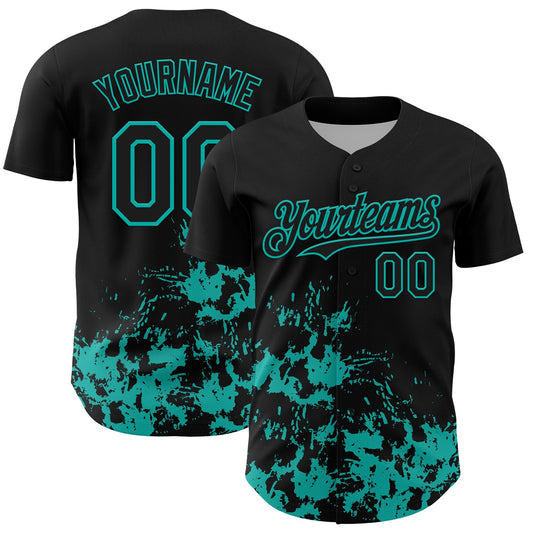 Custom Black Aqua Splatter Authentic Baseball Jersey - Main View