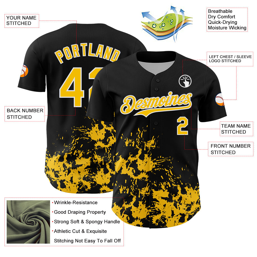 Custom Black Yellow-White Splatter Authentic Baseball Jersey view 3