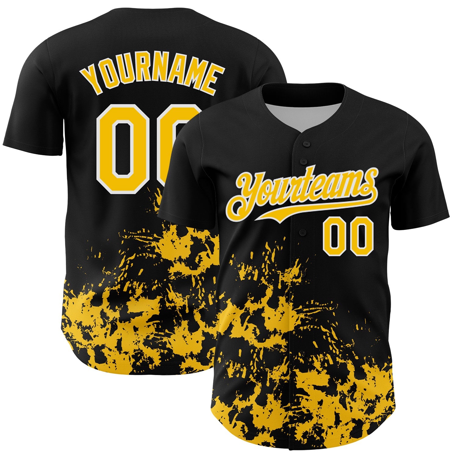 Custom Black Yellow-White Splatter Authentic Baseball Jersey - Main View