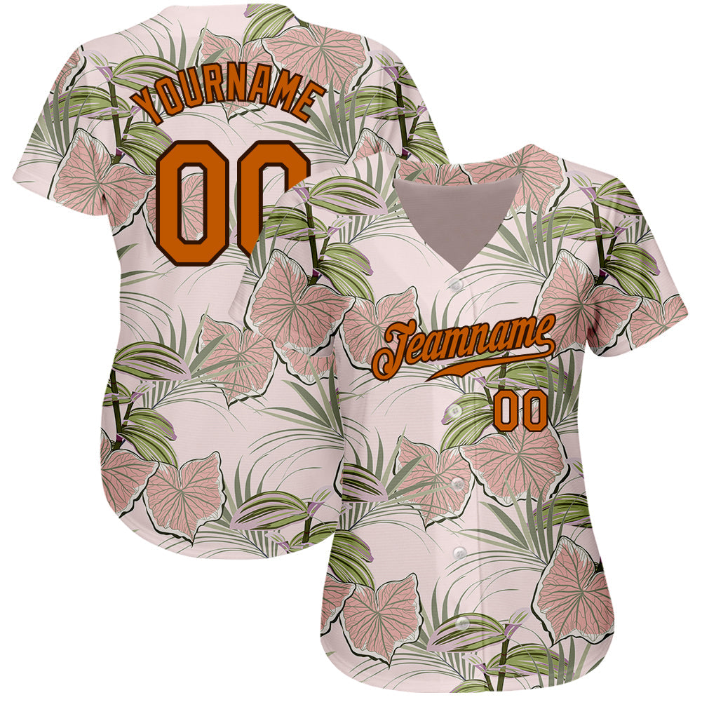 Custom Light Pink Texas Orange-Brown 3D Pattern Design Tropical Hawaii Plants Authentic Baseball Jersey view 2