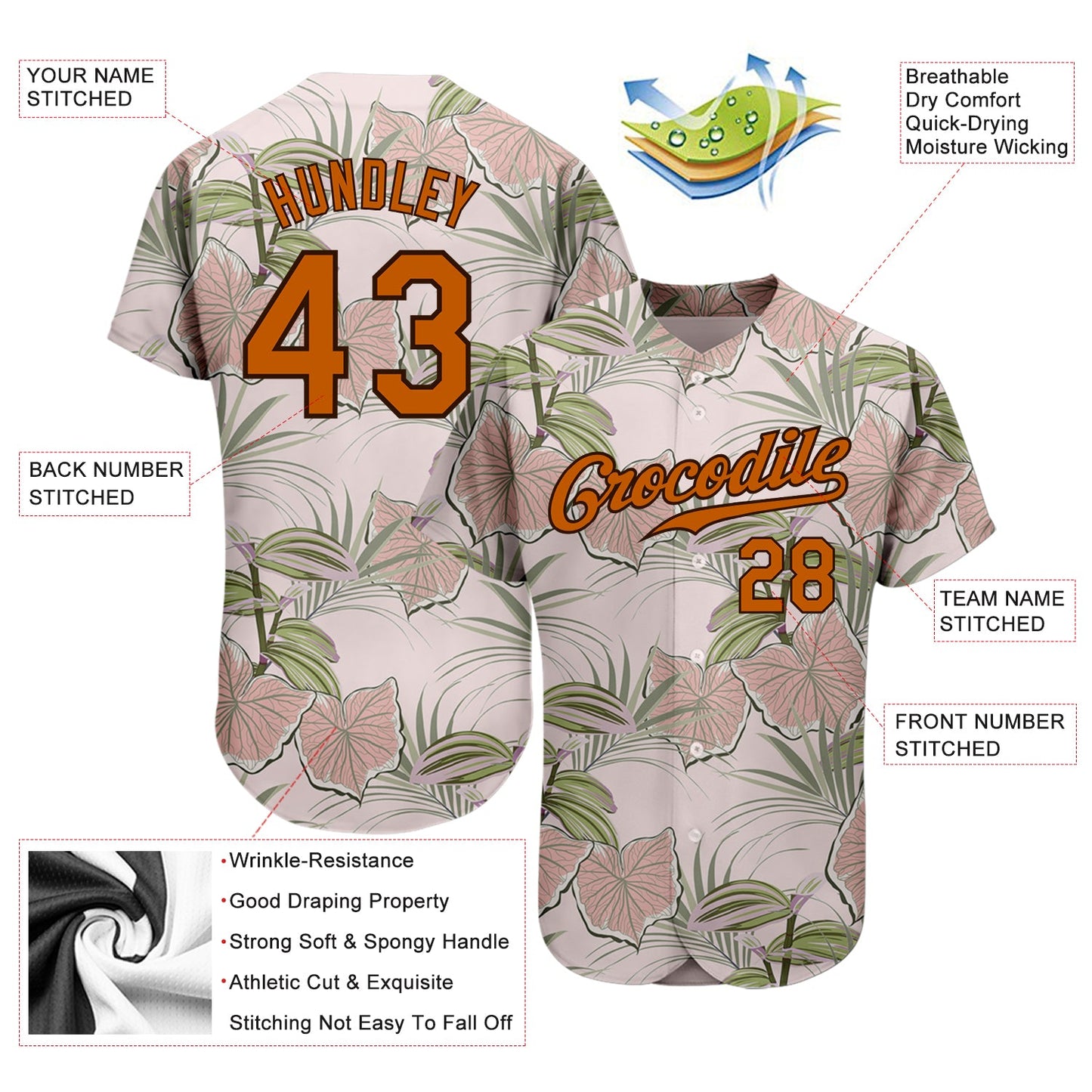 Custom Light Pink Texas Orange-Brown 3D Pattern Design Tropical Hawaii Plants Authentic Baseball Jersey view 3
