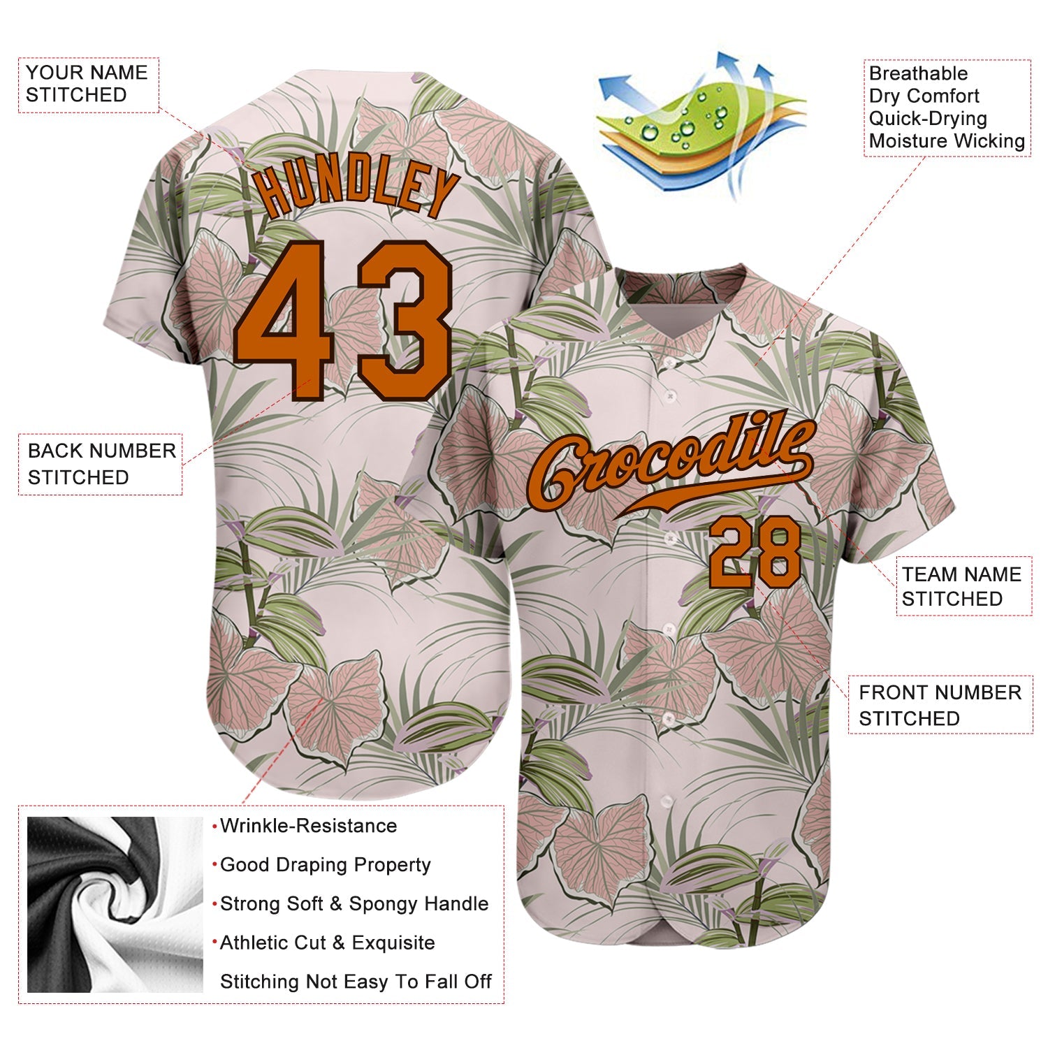 Custom Light Pink Texas Orange-Brown 3D Pattern Design Tropical Hawaii Plants Authentic Baseball Jersey view 3