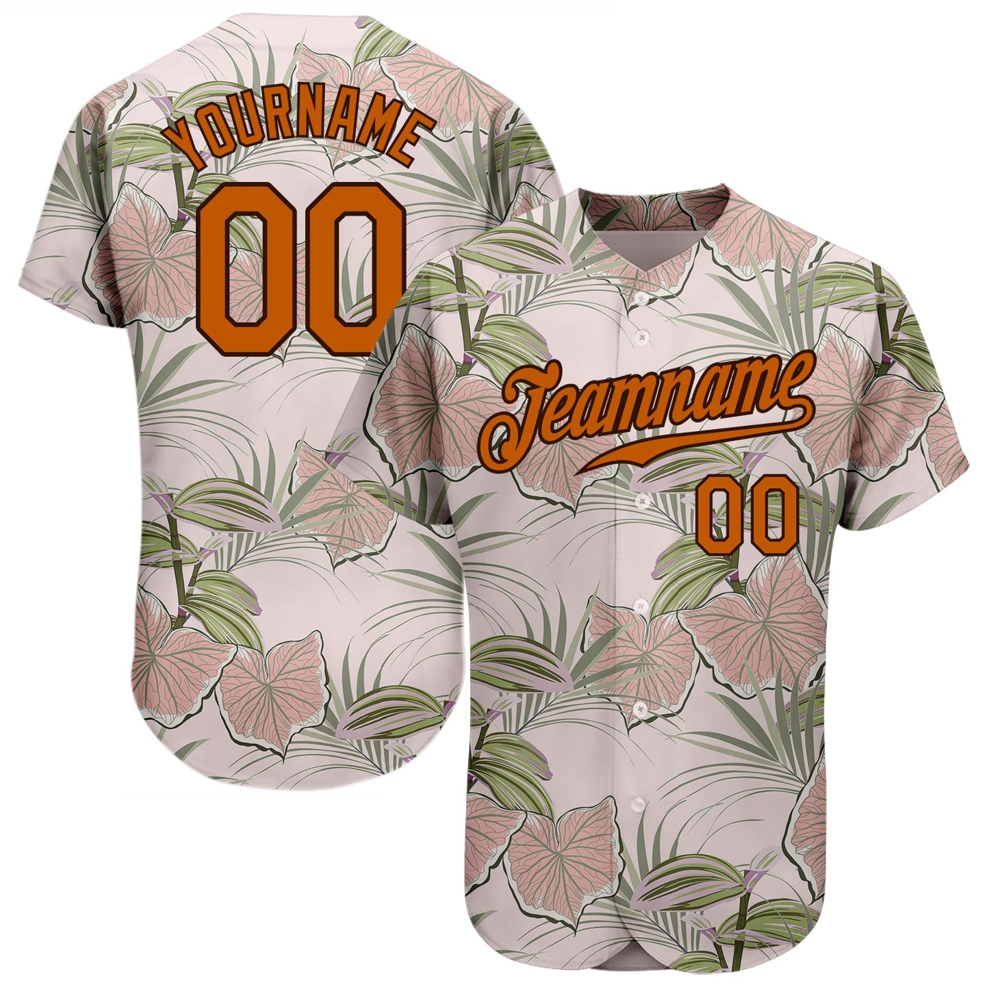 Custom Light Pink Texas Orange-Brown 3D Pattern Design Tropical Hawaii Plants Authentic Baseball Jersey - Main View