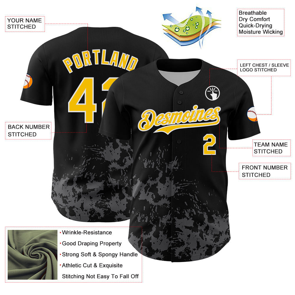 Custom Black Yellow White-Gray Splatter Authentic Baseball Jersey view 3