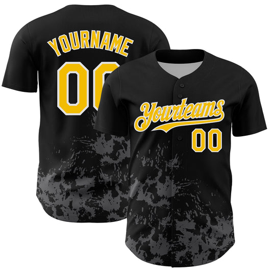 Custom Black Yellow White-Gray Splatter Authentic Baseball Jersey - Main View