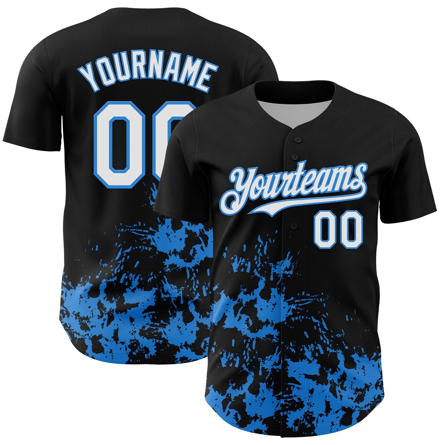 Custom Black White-Powder Blue Splatter Authentic Baseball Jersey - Main View
