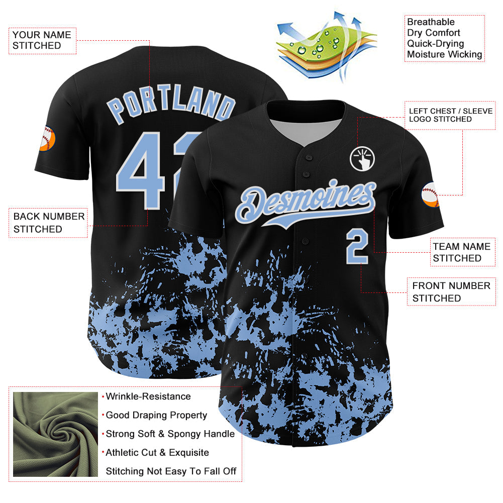 Custom Black Light Blue-White Splatter Authentic Baseball Jersey view 3