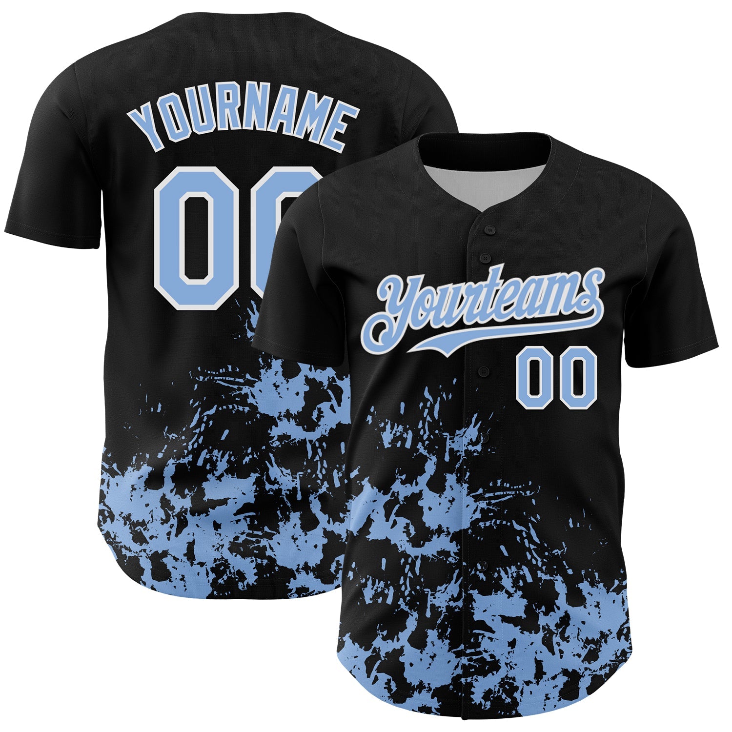 Custom Black Light Blue-White Splatter Authentic Baseball Jersey - Main View