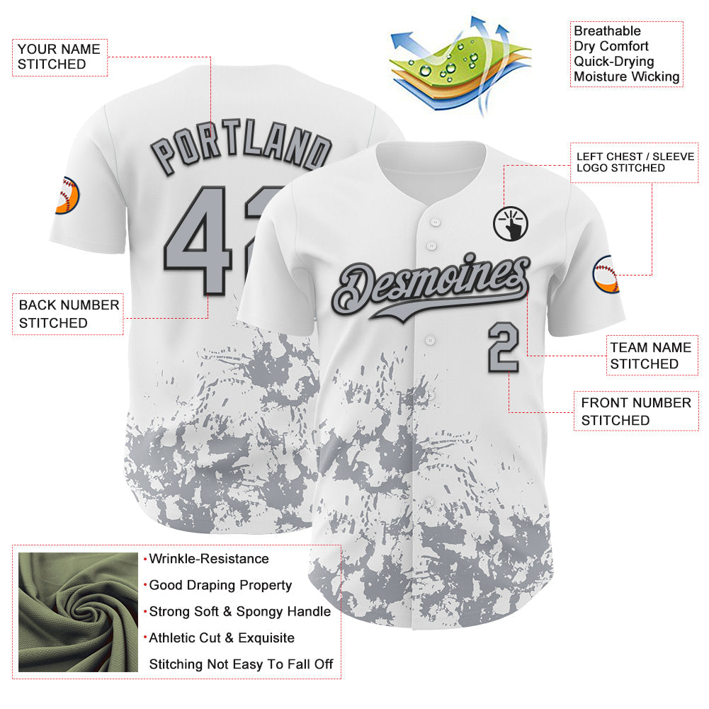 Custom White Gray-Black Splatter Authentic Baseball Jersey view 3