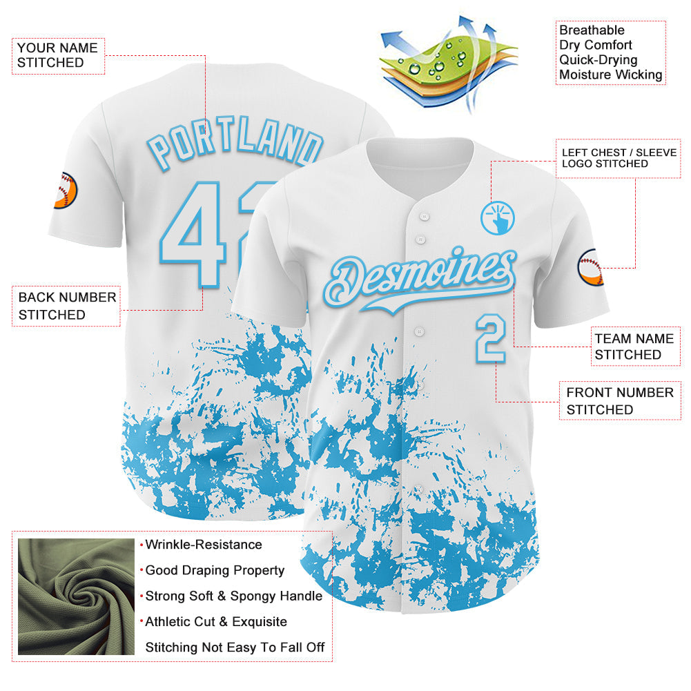 Custom White Sky Blue Splatter Authentic Baseball Jersey view 3