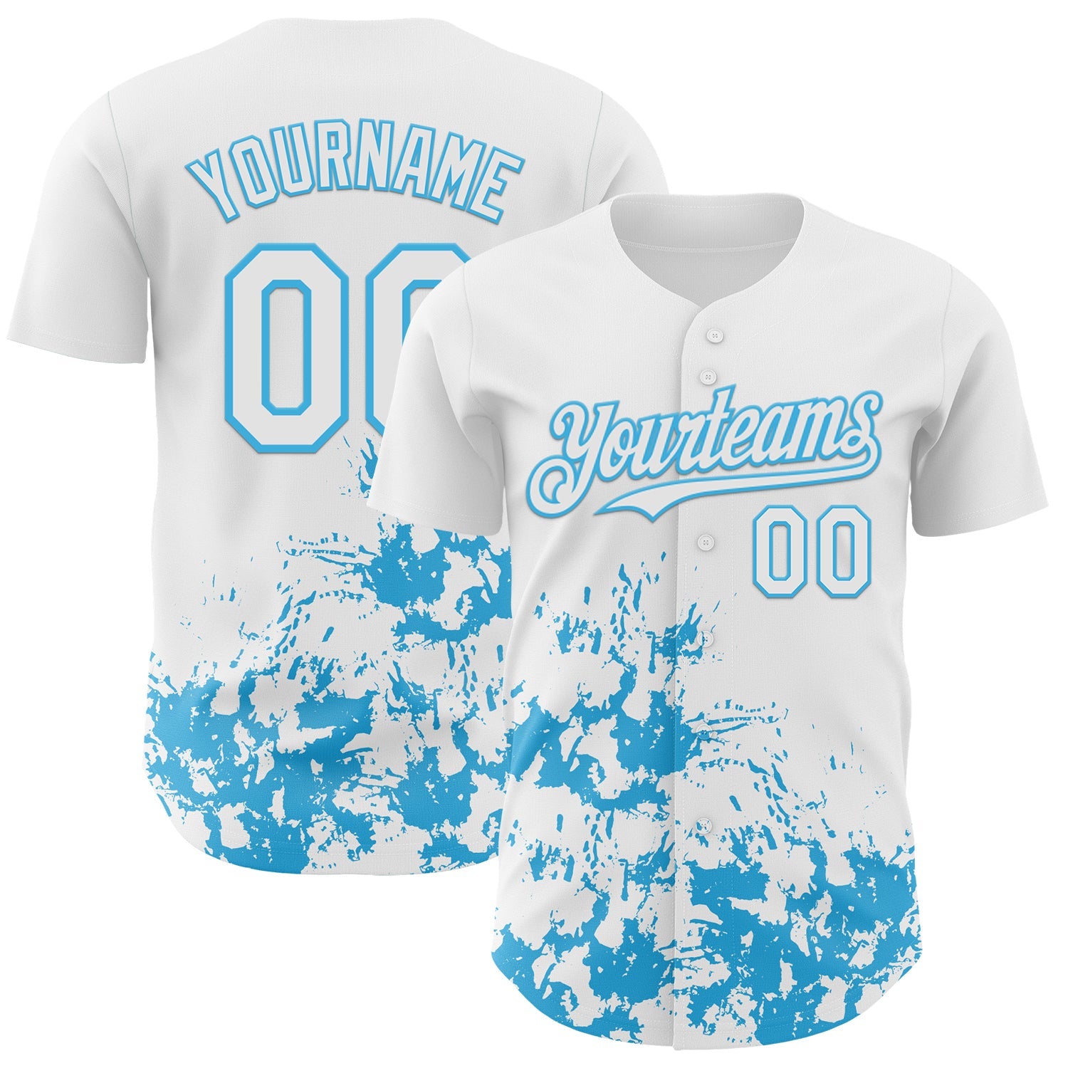 Custom White Sky Blue Splatter Authentic Baseball Jersey - Main View