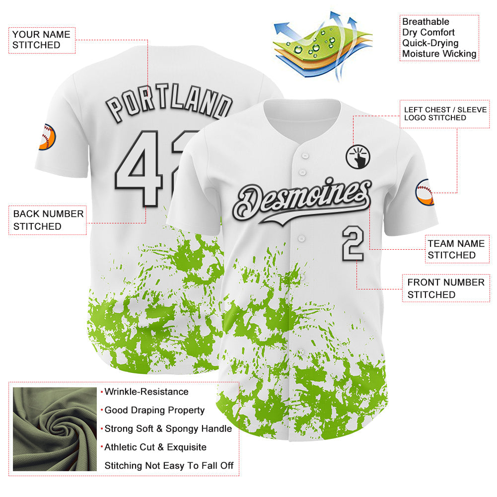 Custom White Black-Neon Green Splatter Authentic Baseball Jersey view 3