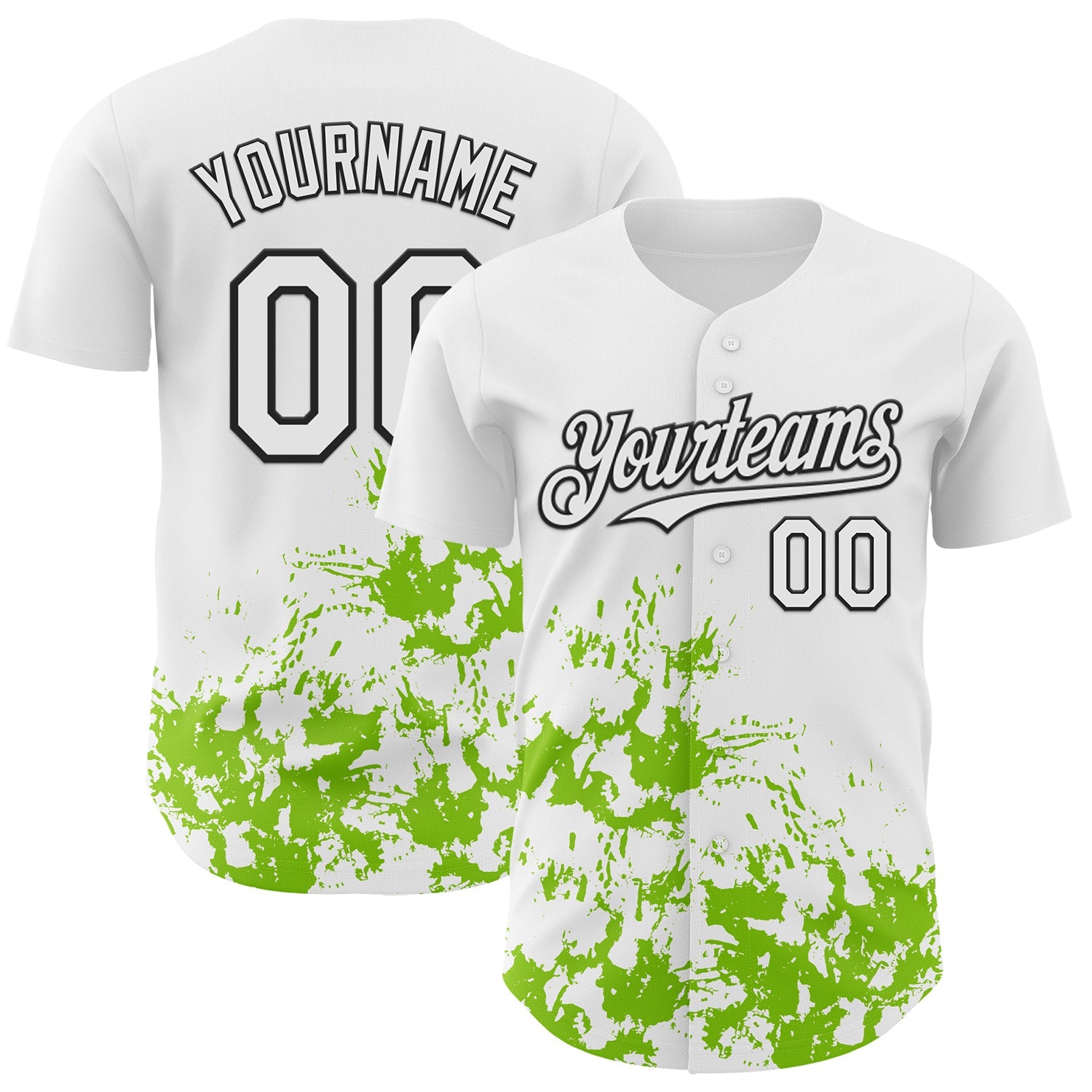 Custom White Black-Neon Green Splatter Authentic Baseball Jersey - Main View