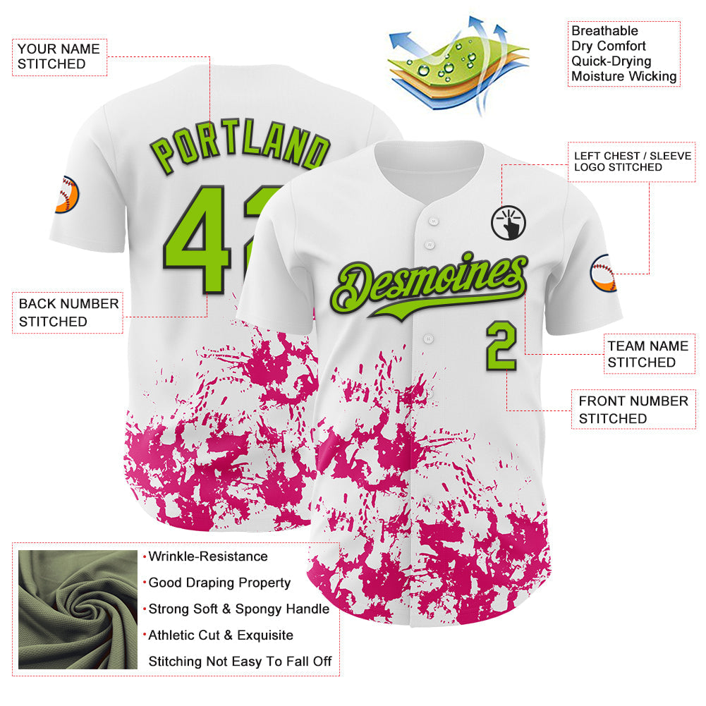Custom White Neon Green Black-Pink Splatter Authentic Baseball Jersey view 3