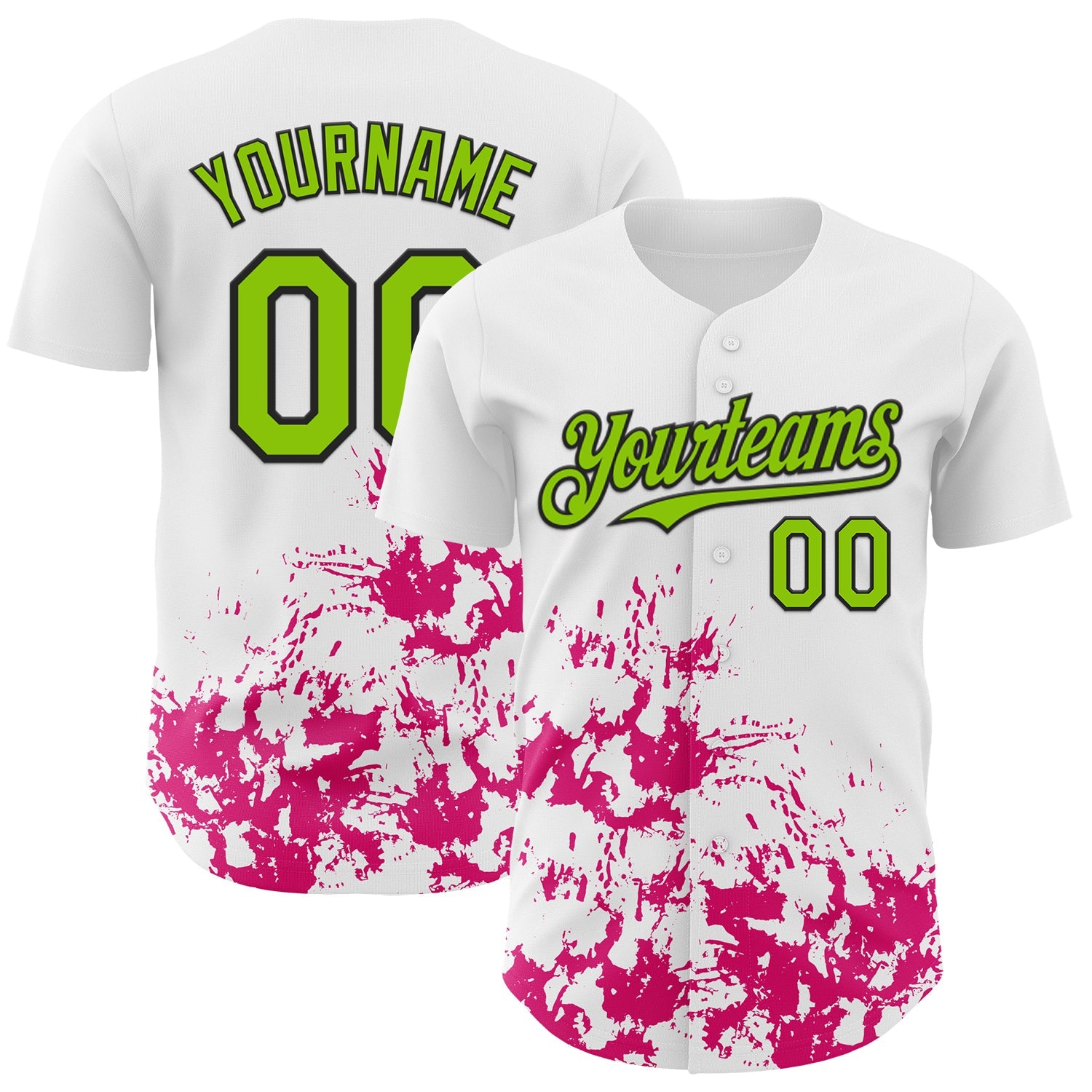 Custom White Neon Green Black-Pink Splatter Authentic Baseball Jersey - Main View