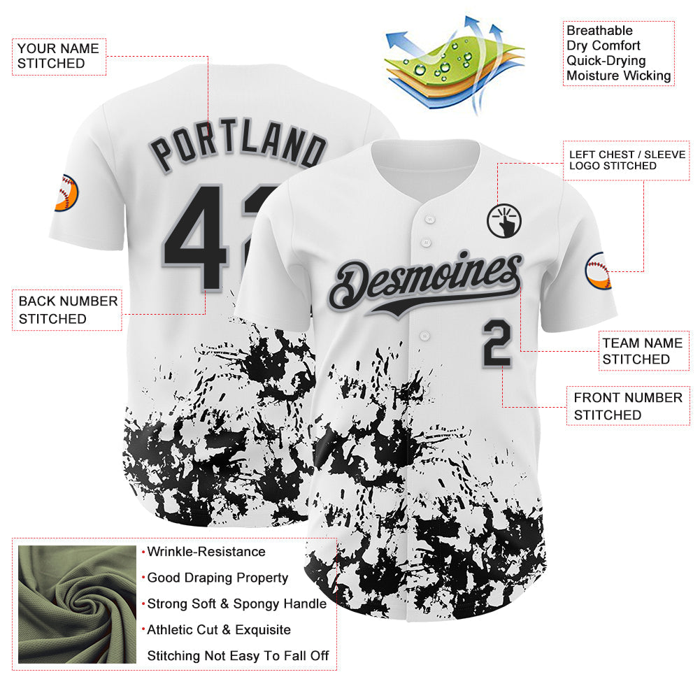 Custom White Black-Gray Splatter Authentic Baseball Jersey view 3