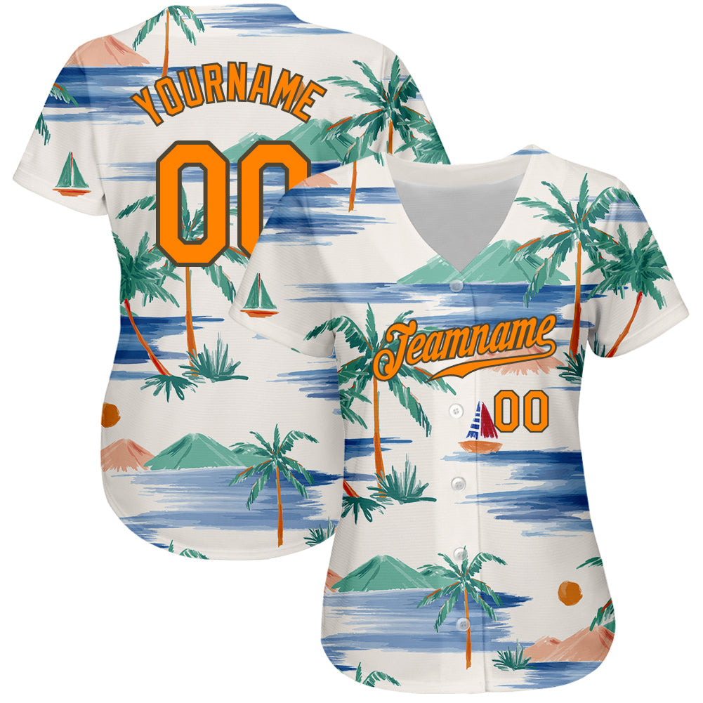 Custom Cream Bay Orange-Olive 3D Pattern Design Beach Coconut Palms Island And Sailboat Authentic Baseball Jersey view 2