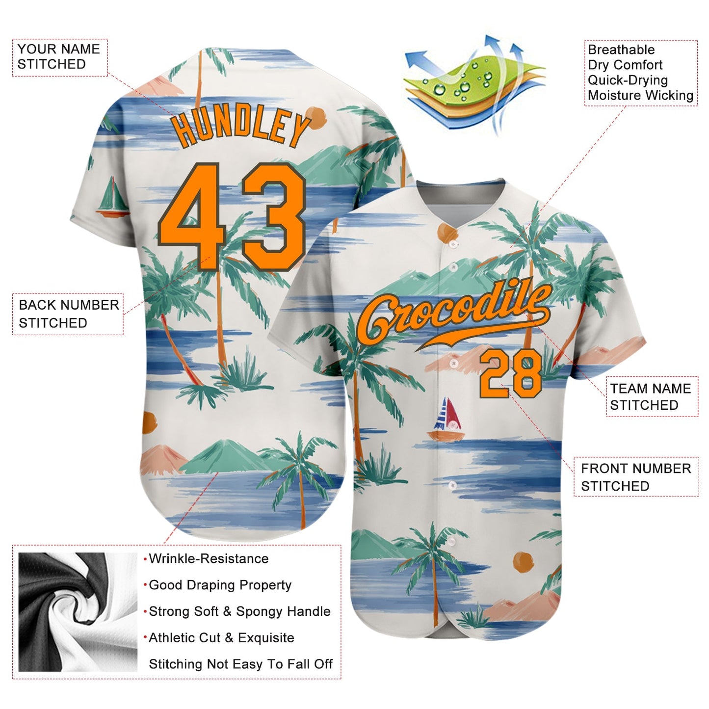 Custom Cream Bay Orange-Olive 3D Pattern Design Beach Coconut Palms Island And Sailboat Authentic Baseball Jersey view 3