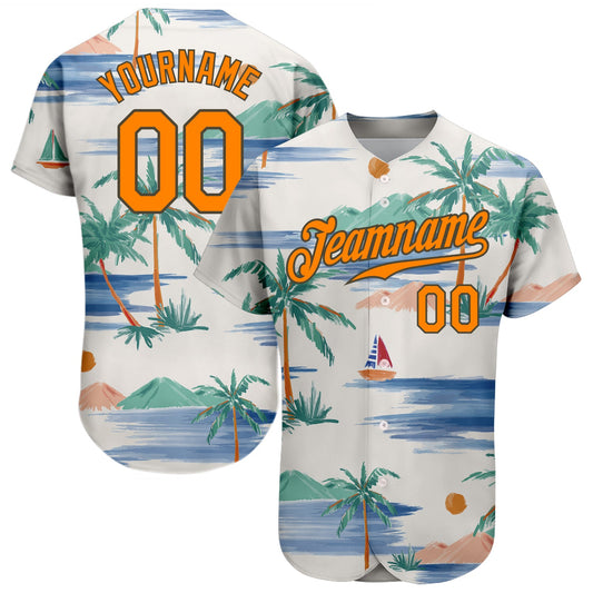 Custom Cream Bay Orange-Olive 3D Pattern Design Beach Coconut Palms Island And Sailboat Authentic Baseball Jersey - Main View