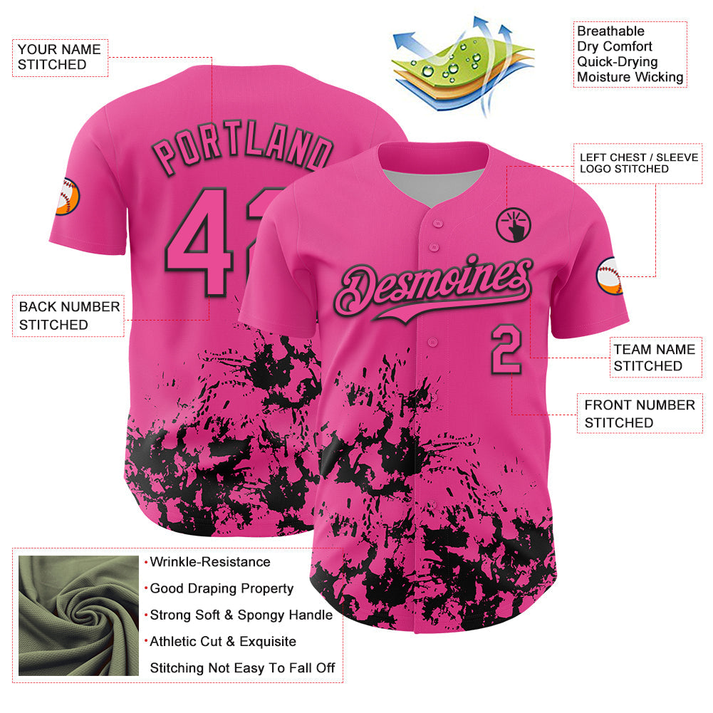 Custom Pink Black Splatter Authentic Baseball Jersey view 3
