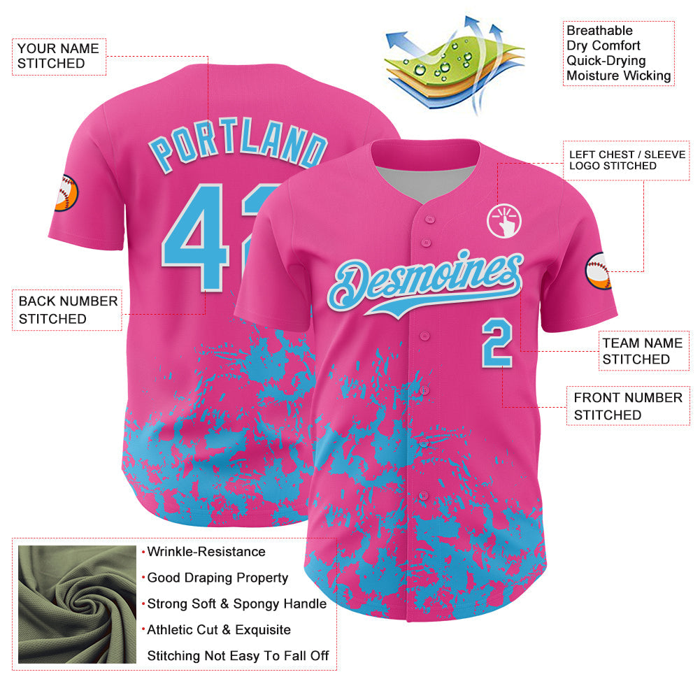 Custom Pink Sky Blue-White Splatter Authentic Baseball Jersey view 3