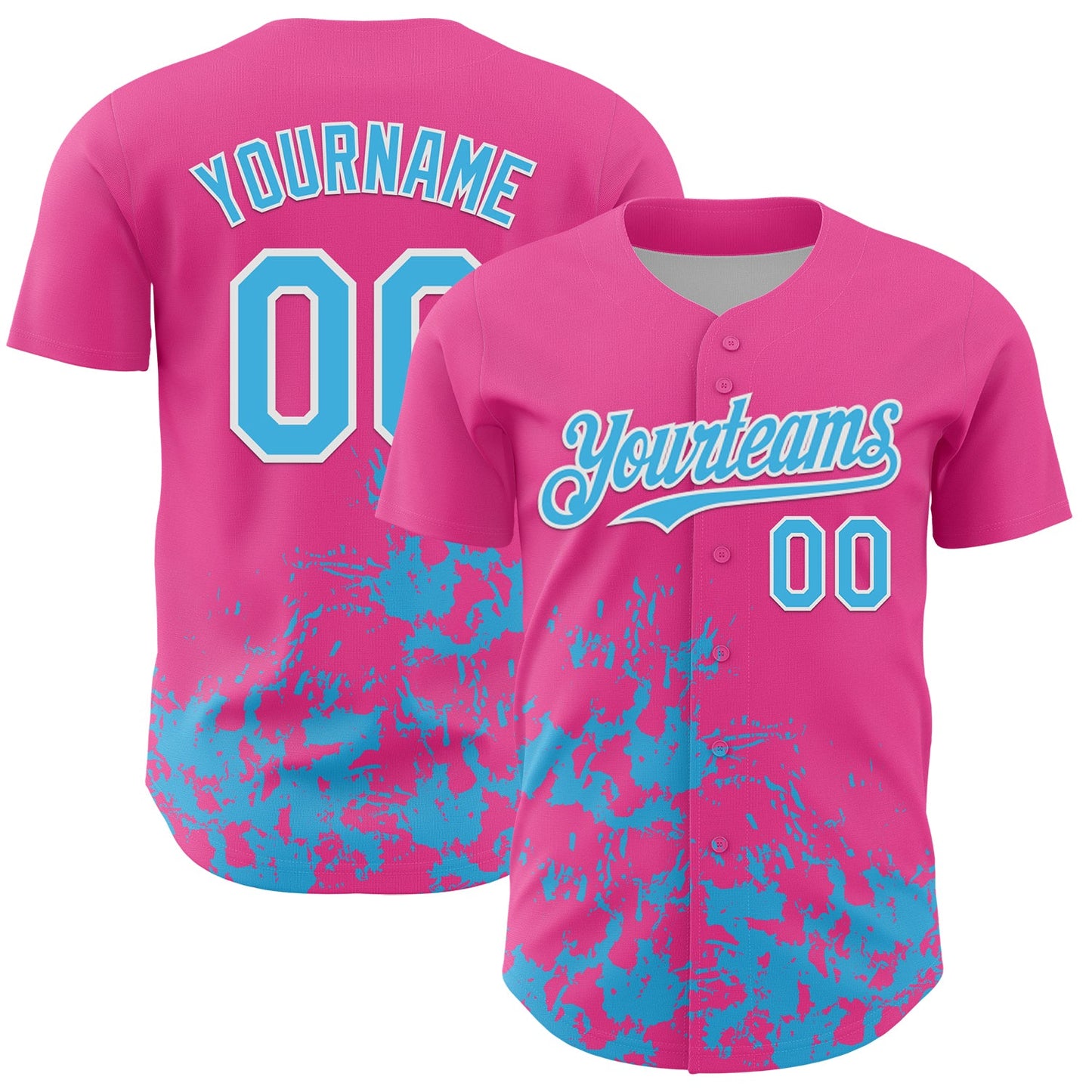 Custom Pink Sky Blue-White Splatter Authentic Baseball Jersey - Main View