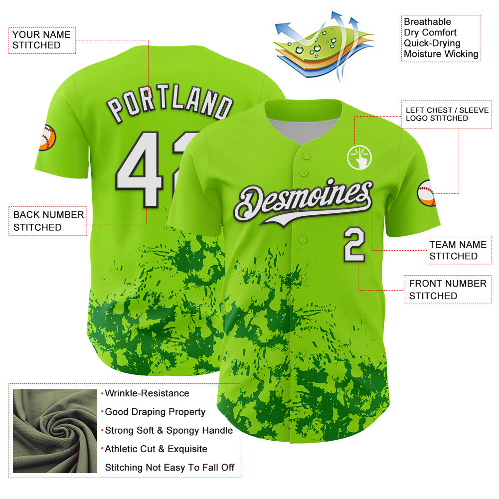 Custom Neon Green White Black-Green Splatter Authentic Baseball Jersey view 3