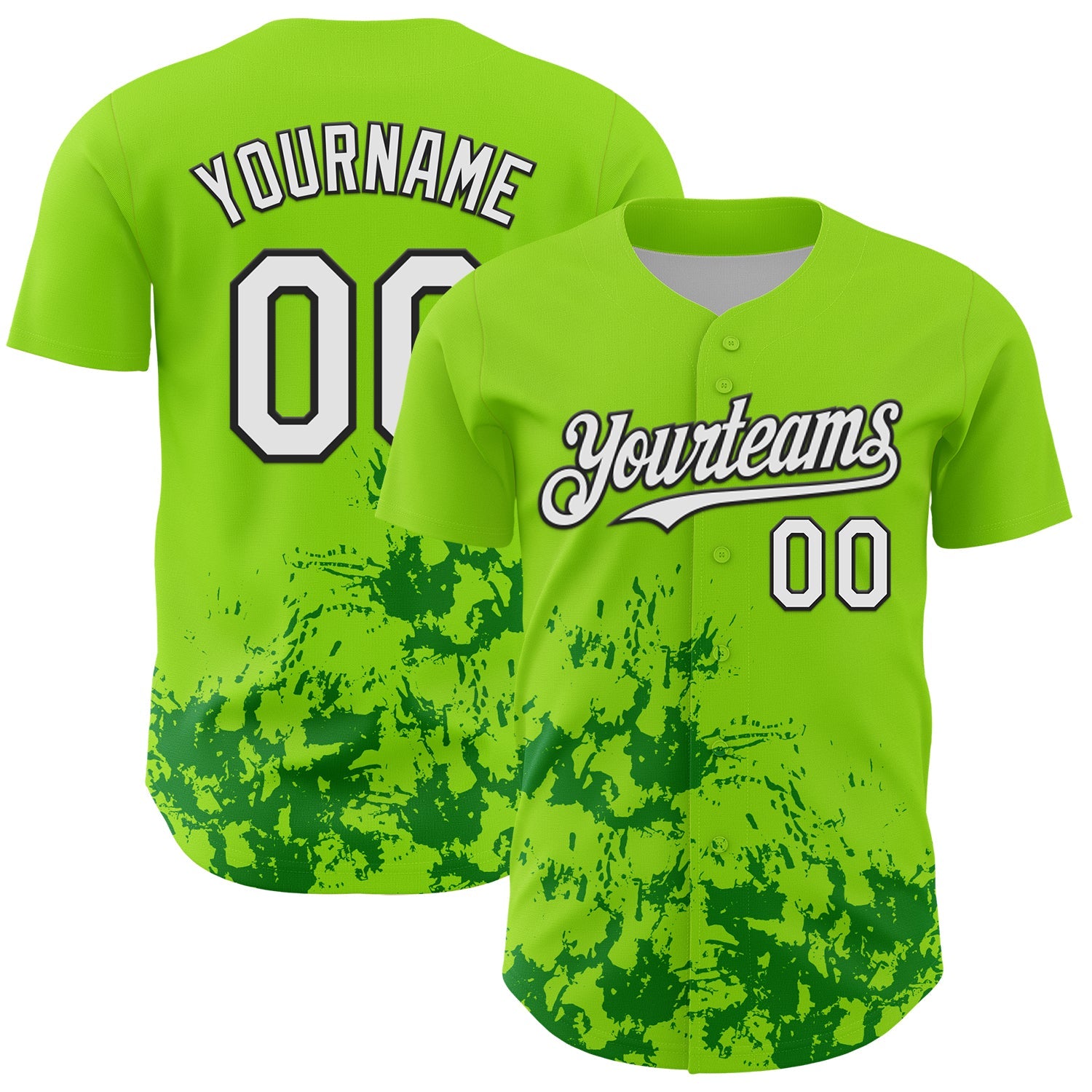 Custom Neon Green White Black-Green Splatter Authentic Baseball Jersey - Main View