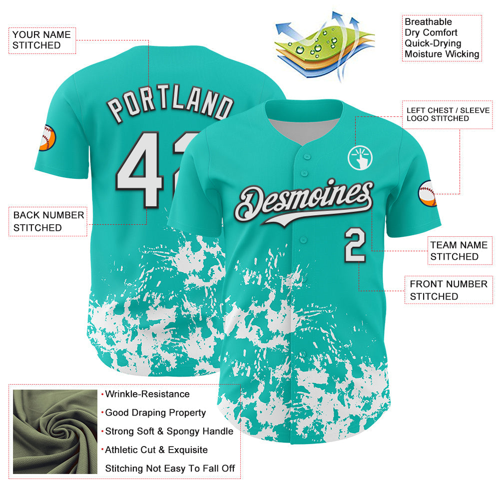 Custom Aqua White-Black Splatter Authentic Baseball Jersey view 3