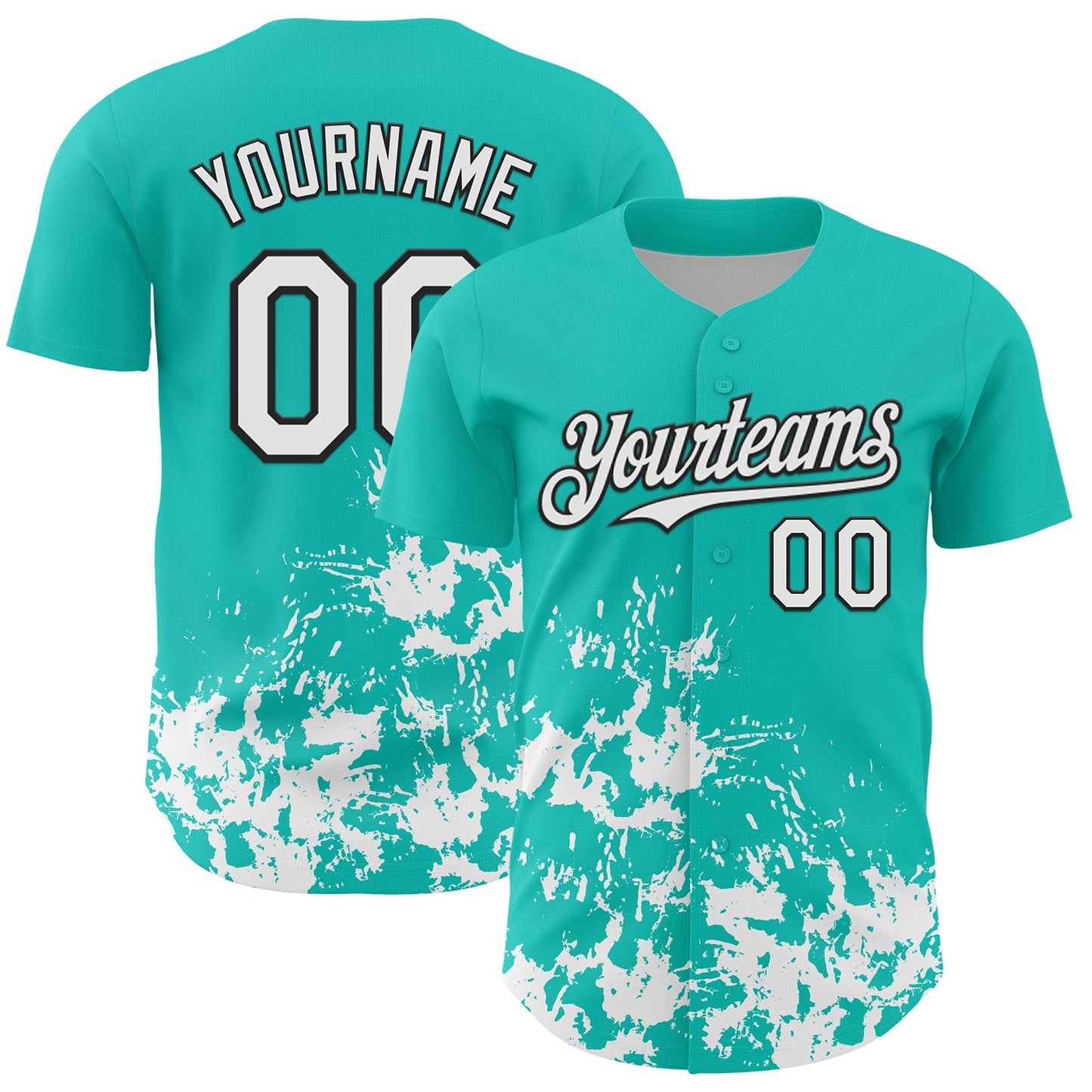Custom Aqua White-Black Splatter Authentic Baseball Jersey - Main View