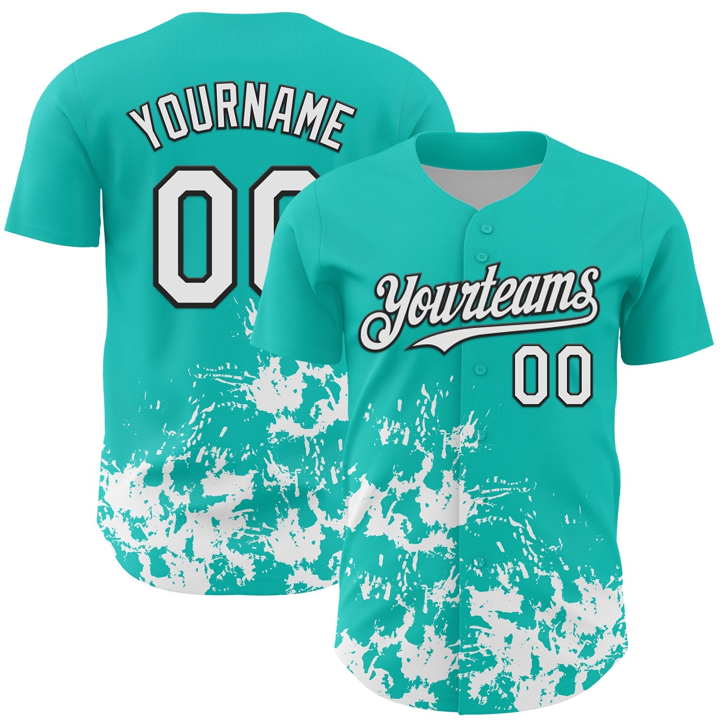 Custom Aqua White-Black Splatter Authentic Baseball Jersey - Main View