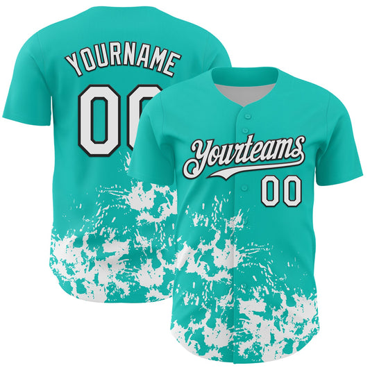 Custom Aqua White-Black Splatter Authentic Baseball Jersey - Main View