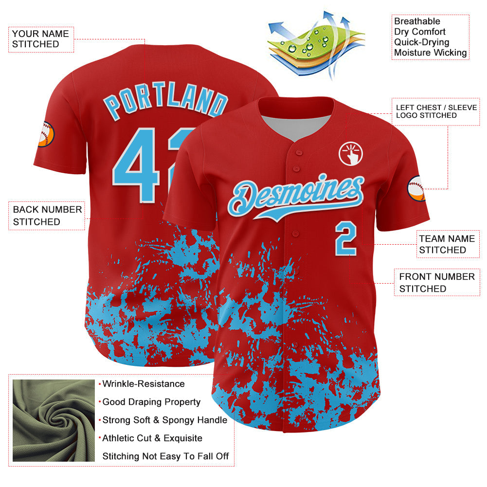 Custom Red Sky Blue-White Splatter Authentic Baseball Jersey view 3