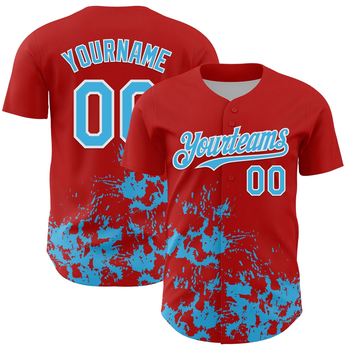 Custom Red Sky Blue-White Splatter Authentic Baseball Jersey - Main View