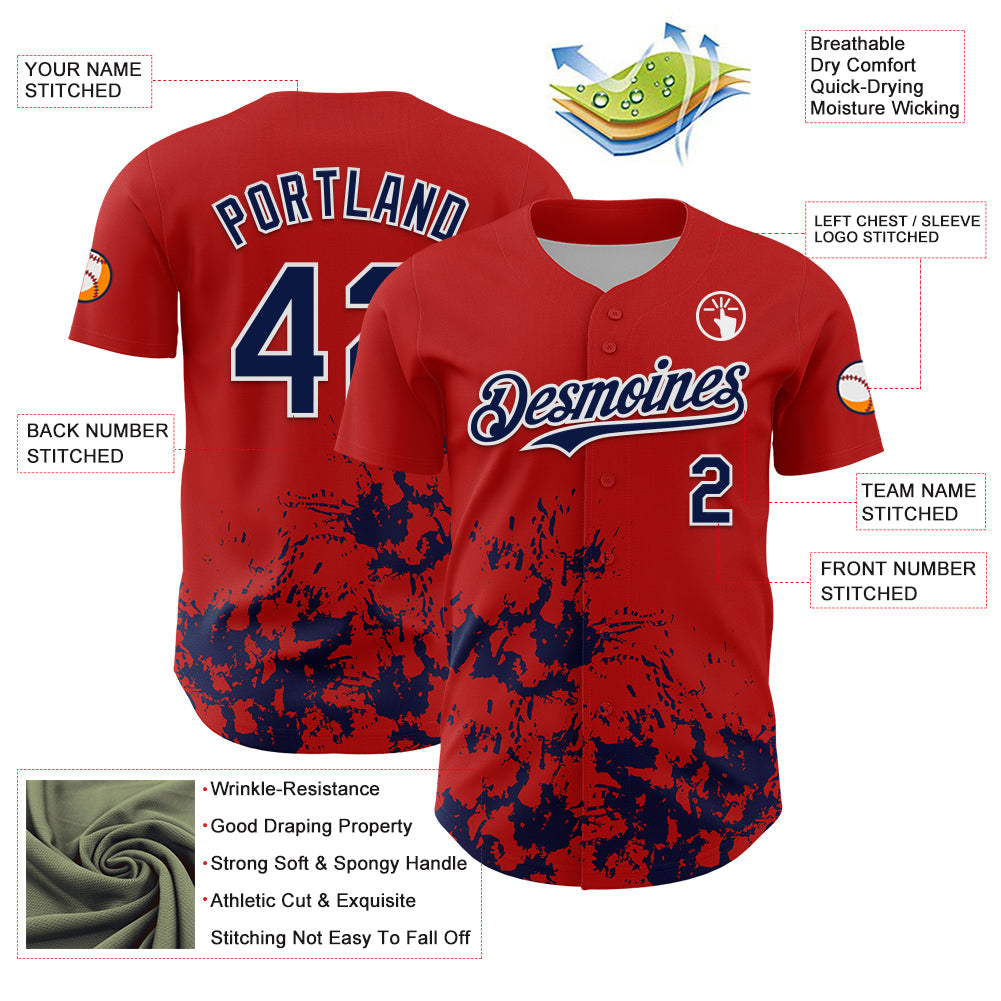 Custom Red Navy-White Splatter Authentic Baseball Jersey view 3