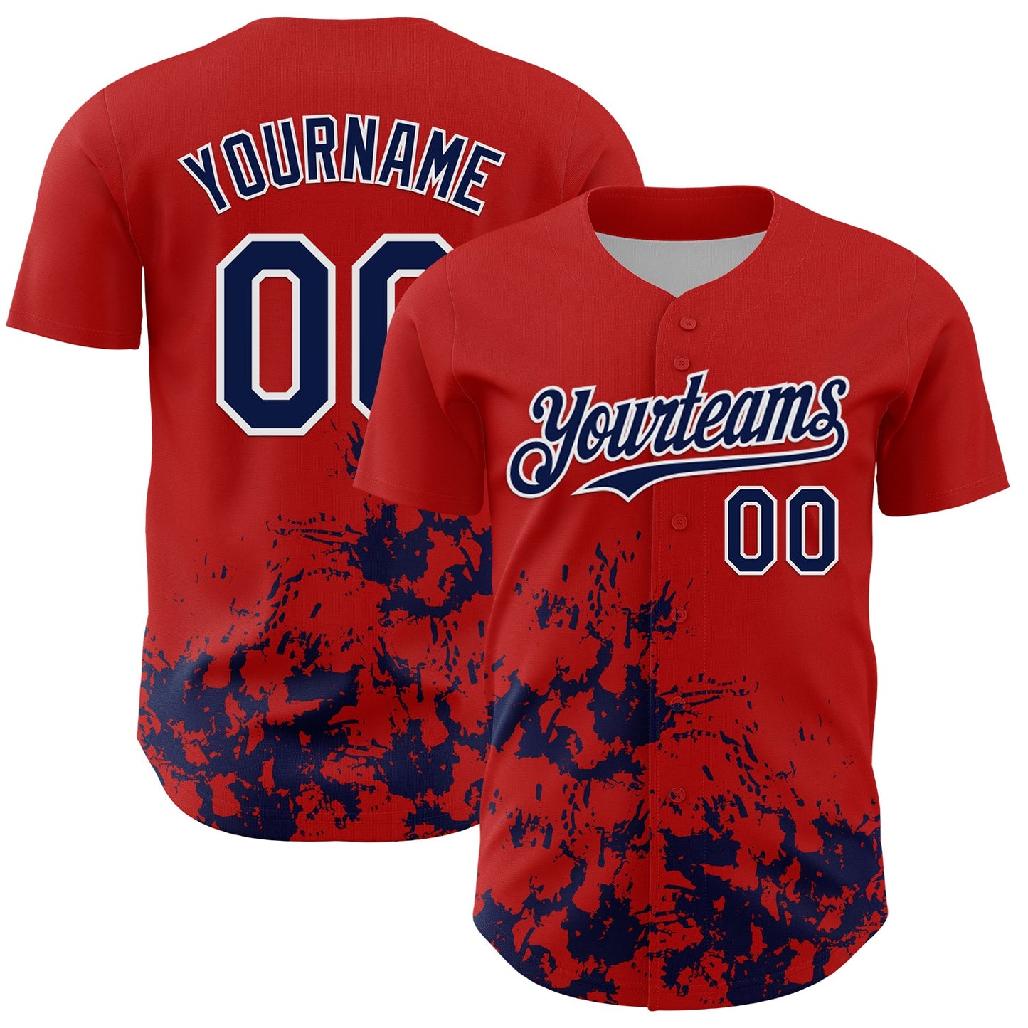 Custom Red Navy-White Splatter Authentic Baseball Jersey - Main View