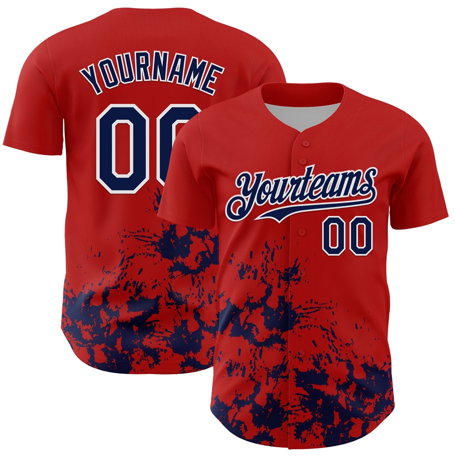 Custom Red Navy-White Splatter Authentic Baseball Jersey - Main View