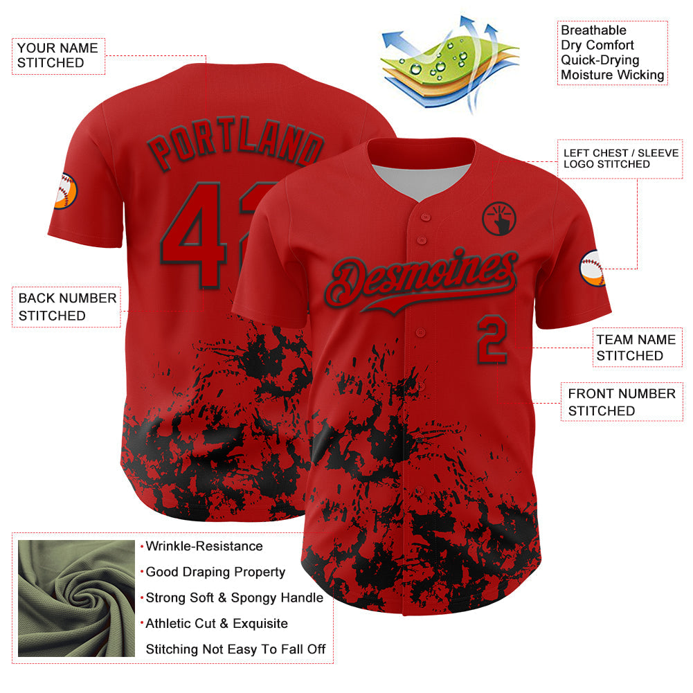 Custom Red Black Splatter Authentic Baseball Jersey view 3