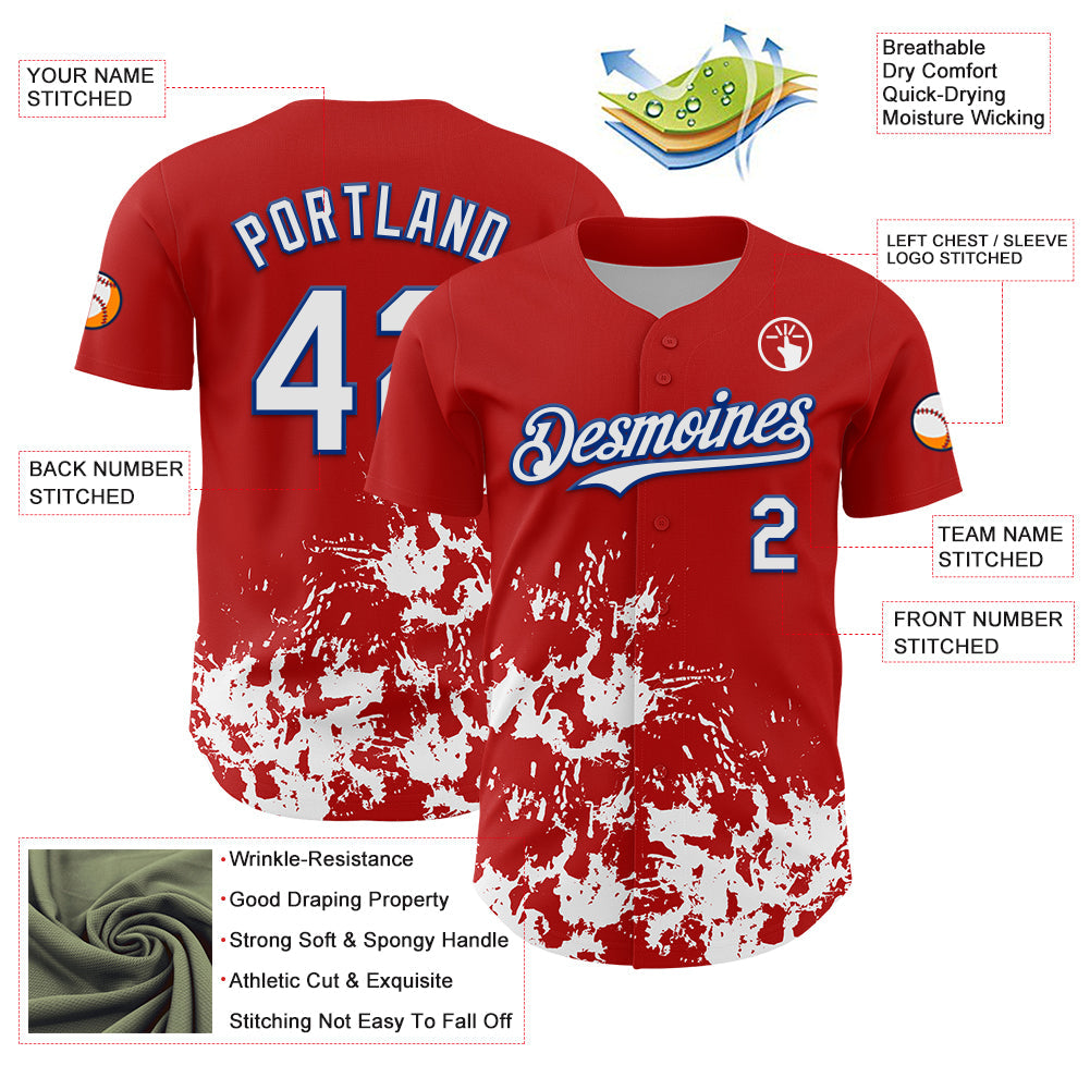 Custom Red White-Royal Splatter Authentic Baseball Jersey view 3