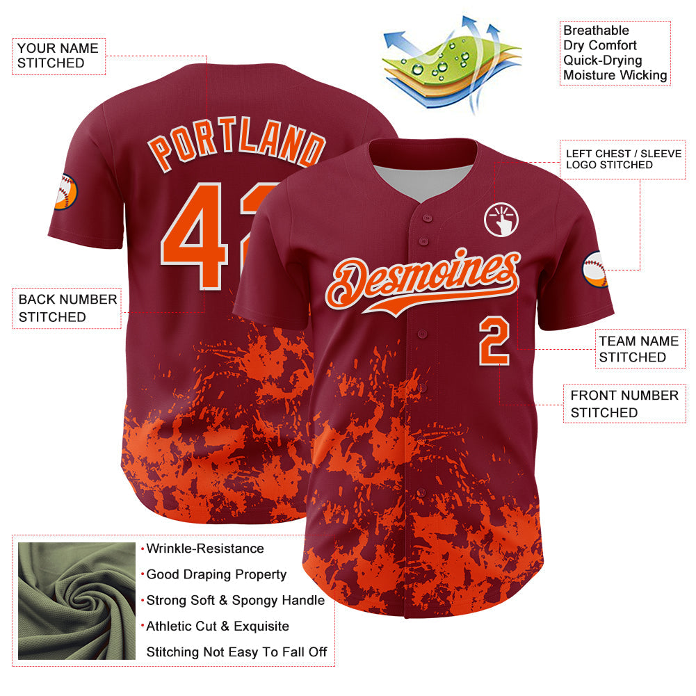 Custom Crimson Orange-White Splatter Authentic Baseball Jersey view 3