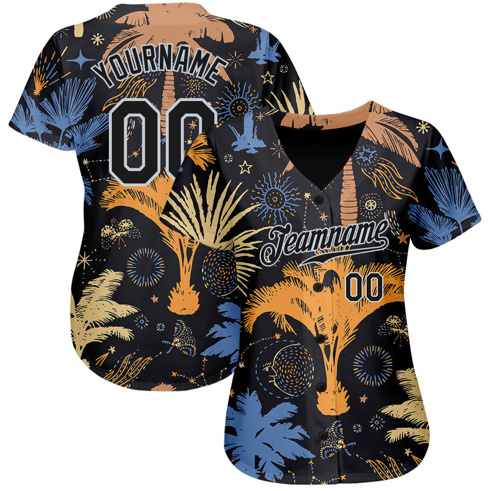 Custom Black Silver 3D Pattern Design Hawaii Palm Trees Authentic Baseball Jersey view 2