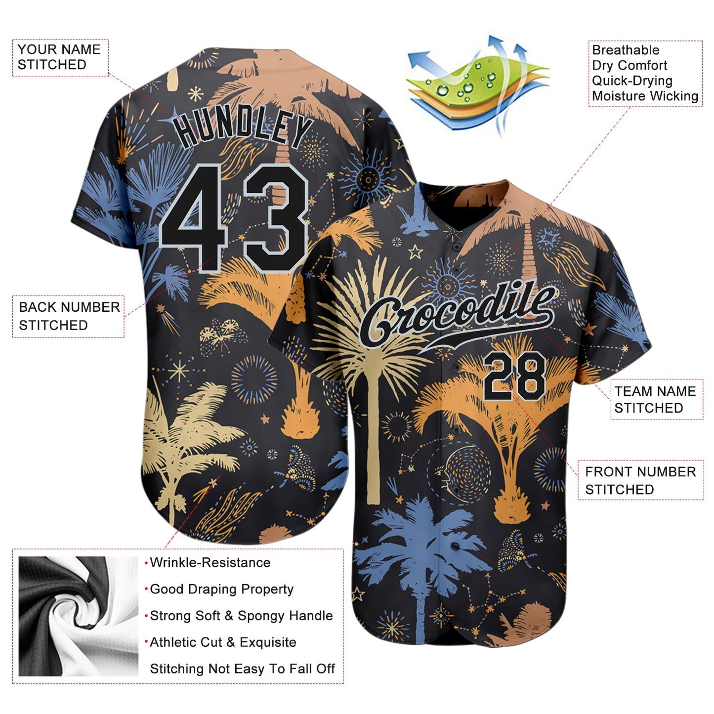 Custom Black Silver 3D Pattern Design Hawaii Palm Trees Authentic Baseball Jersey view 3