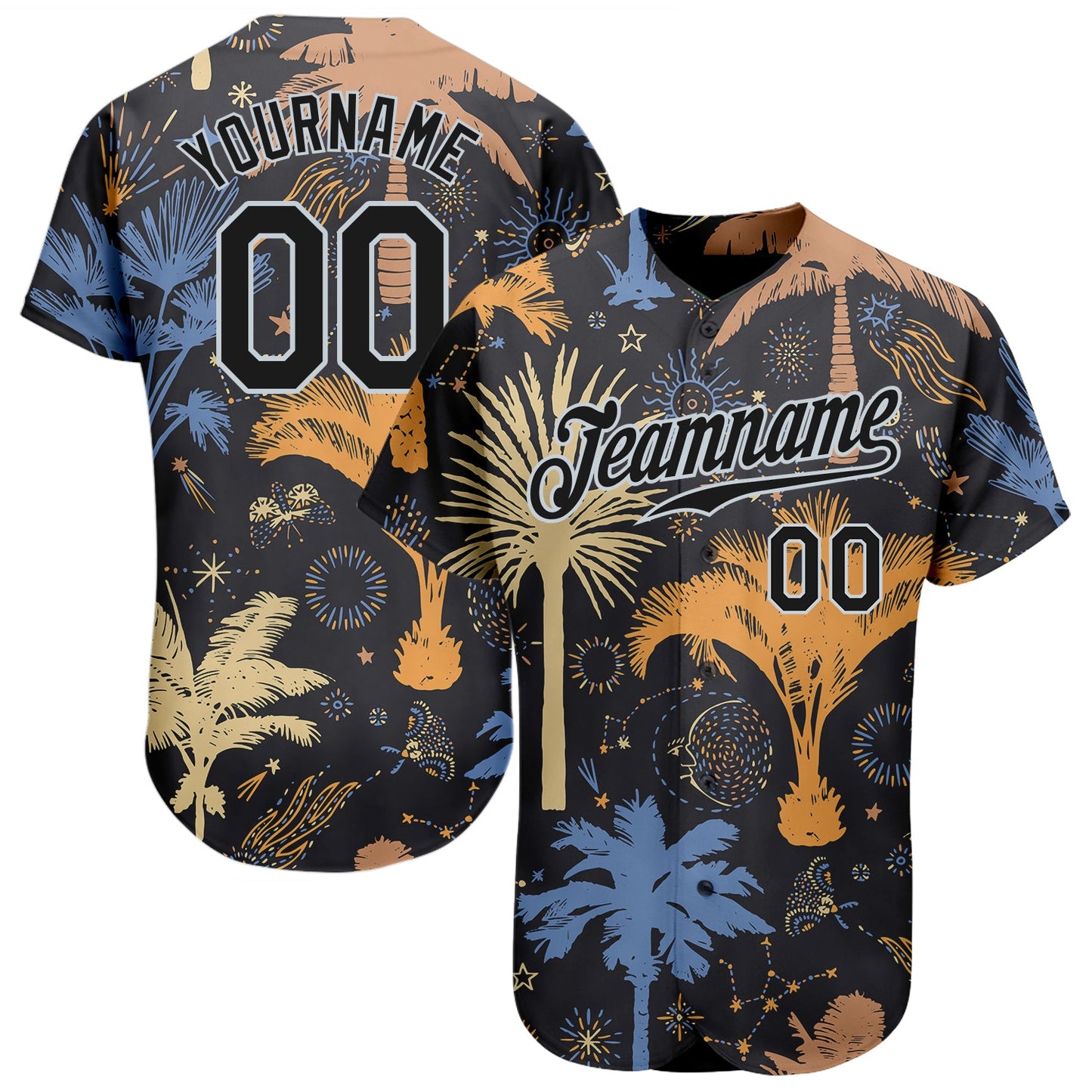 Custom Black Silver 3D Pattern Design Hawaii Palm Trees Authentic Baseball Jersey - Main View