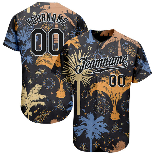 Custom Black Silver 3D Pattern Design Hawaii Palm Trees Authentic Baseball Jersey - Main View