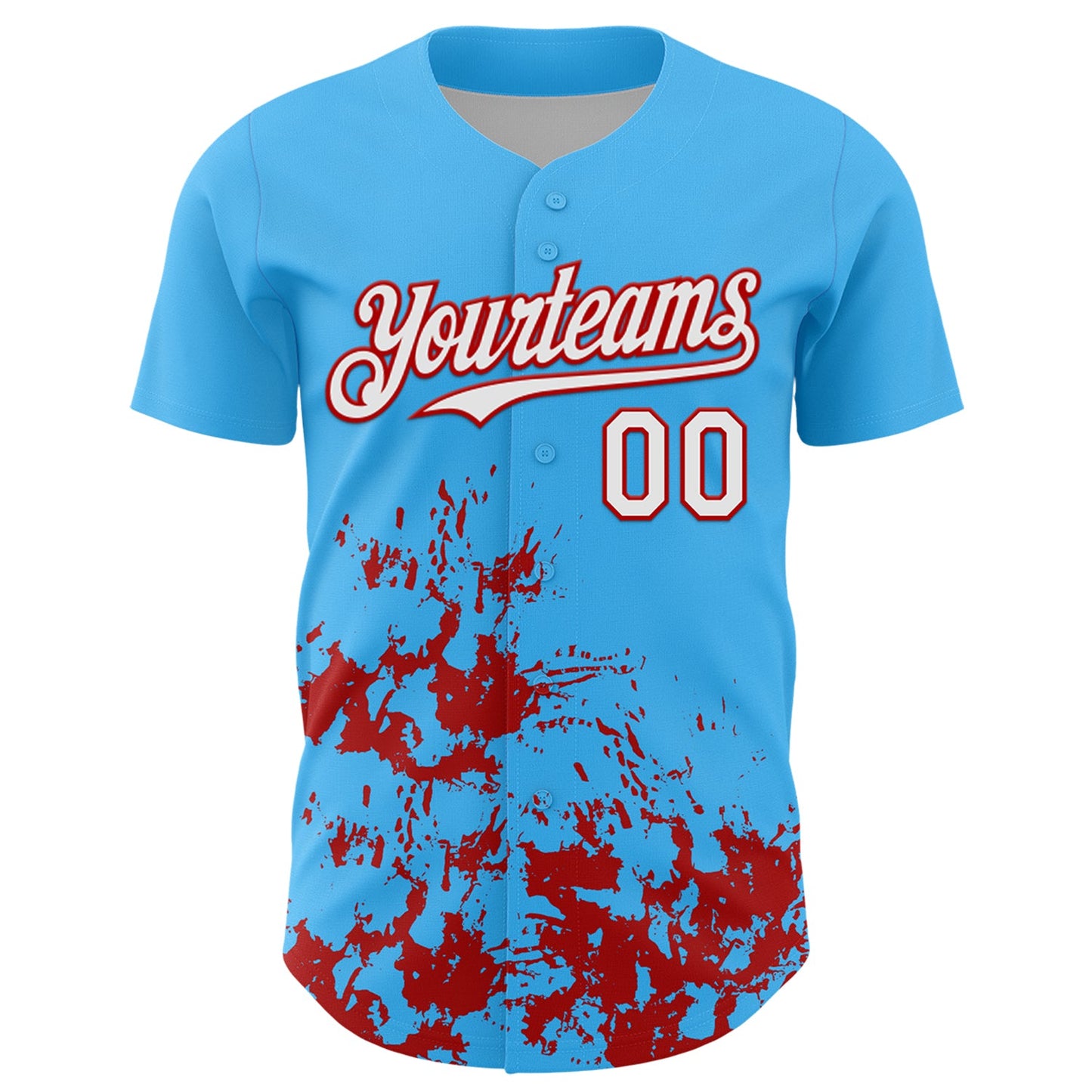 Custom Sky Blue White-Red Splatter Authentic Baseball Jersey view 2