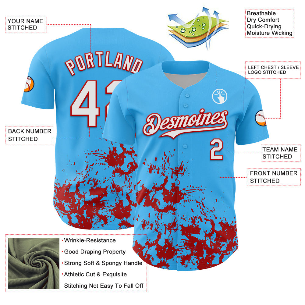 Custom Sky Blue White-Red Splatter Authentic Baseball Jersey view 3