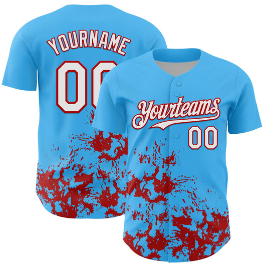 Custom Sky Blue White-Red Splatter Authentic Baseball Jersey - Main View