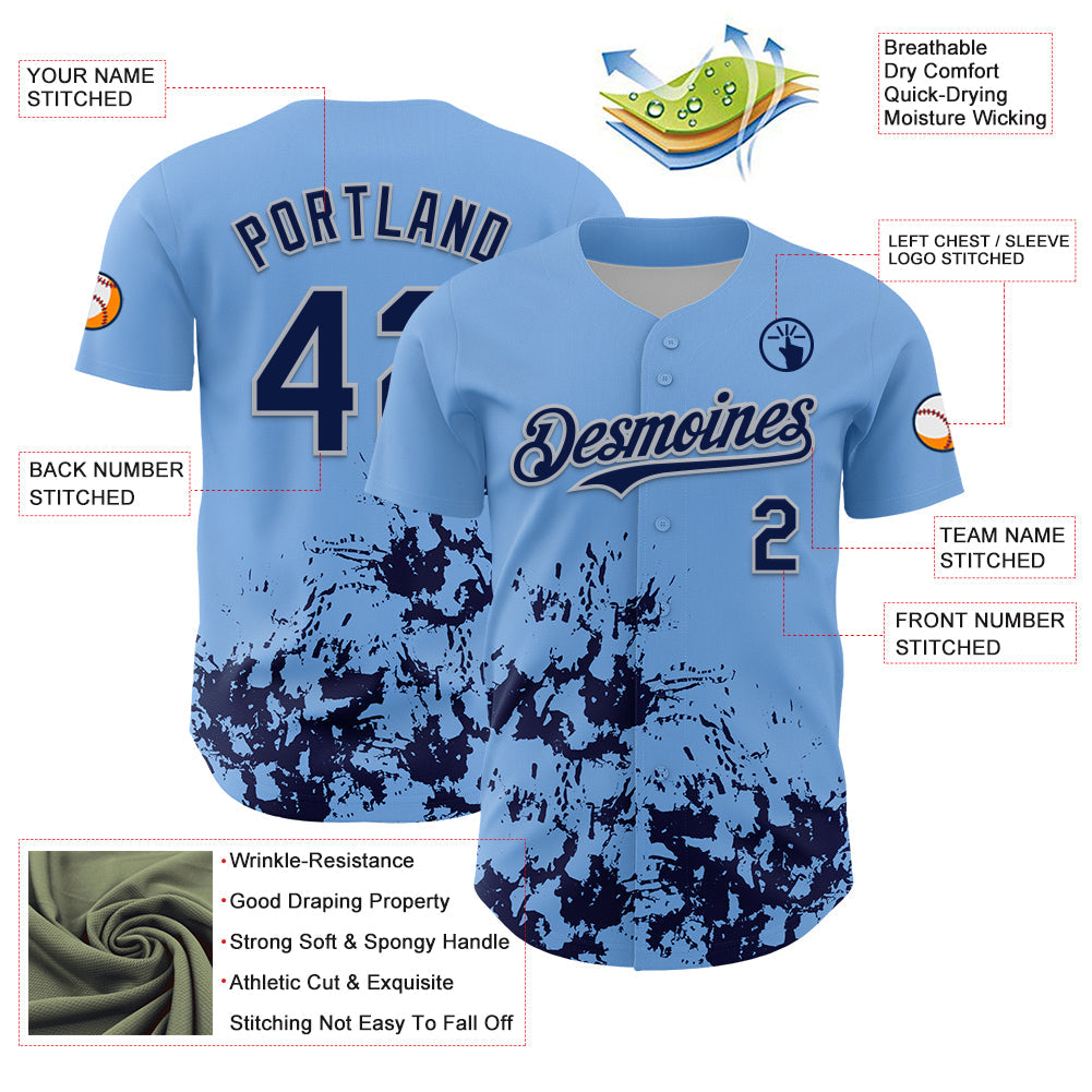 Custom Light Blue Navy-Gray Splatter Authentic Baseball Jersey view 3